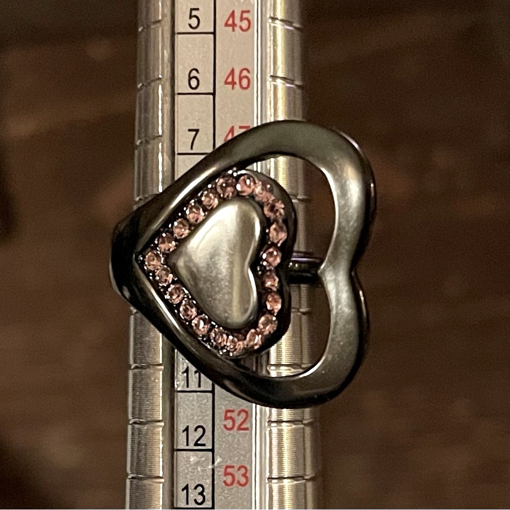 Stainless Steel Heart Ring in Black with Tiny Pink Stones in Size 5